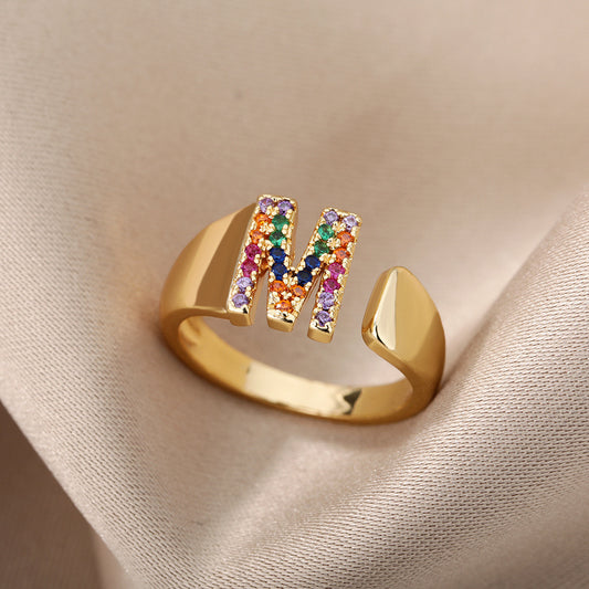 18K Gold Plated Micro Pave Colorful Zircon Letter Ring with 26 Letters Open Design