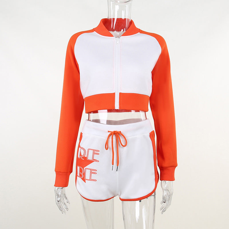 Printed Colorblock Athleisure Long Sleeve Shorts Set