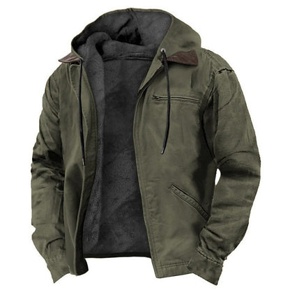 Casual Solid Color Hooded Cotton Jacket with Fleece Lining and Zipper Pockets for Men