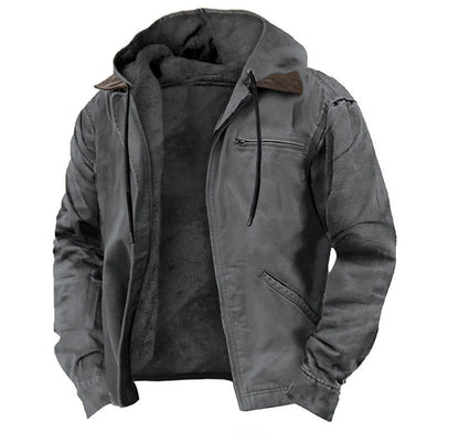 Casual Solid Color Hooded Cotton Jacket with Fleece Lining and Zipper Pockets for Men