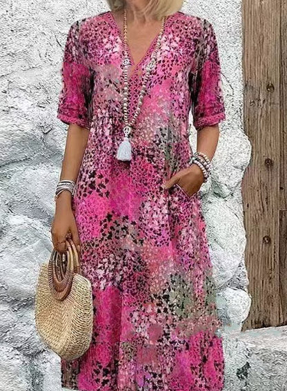 Pocket Long Dress with Lace Trim V-Neck Short Sleeve Dress for Women
