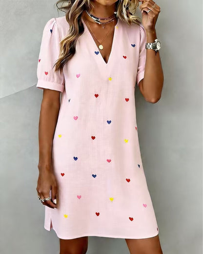 Women's V-Neck Linen-Cotton Love Heart Print Dress