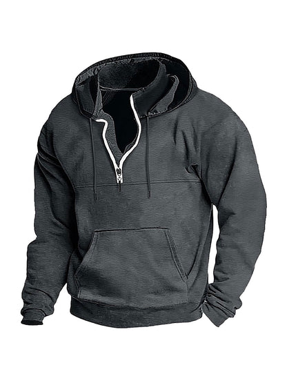 Simple Half-Zip Hoodie Casual Sport Solid Color Hooded Sweatshirt