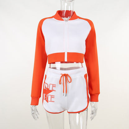 Printed Colorblock Athleisure Long Sleeve Shorts Set