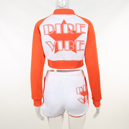 Printed Colorblock Athleisure Long Sleeve Shorts Set