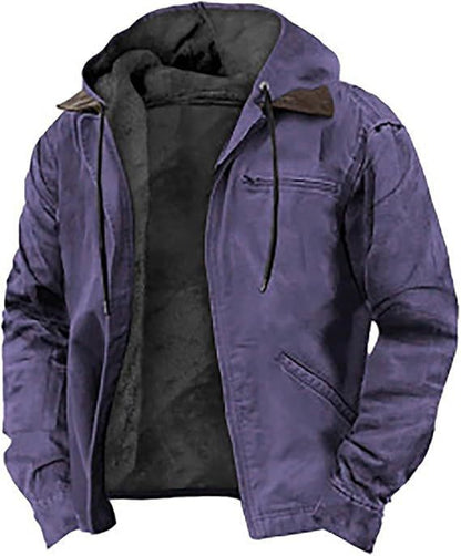 Casual Solid Color Hooded Cotton Jacket with Fleece Lining and Zipper Pockets for Men